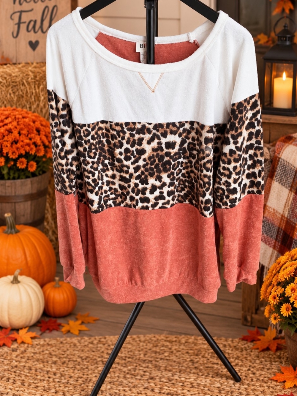 BiBi Colorblock Leopard Print Pullover — Rust, White, Brown Size XL